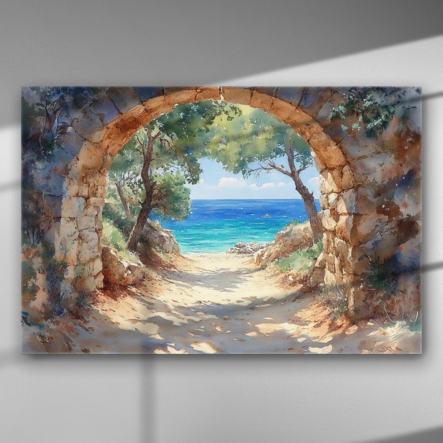 Archway opening to a scenic view of the sea and trees.
