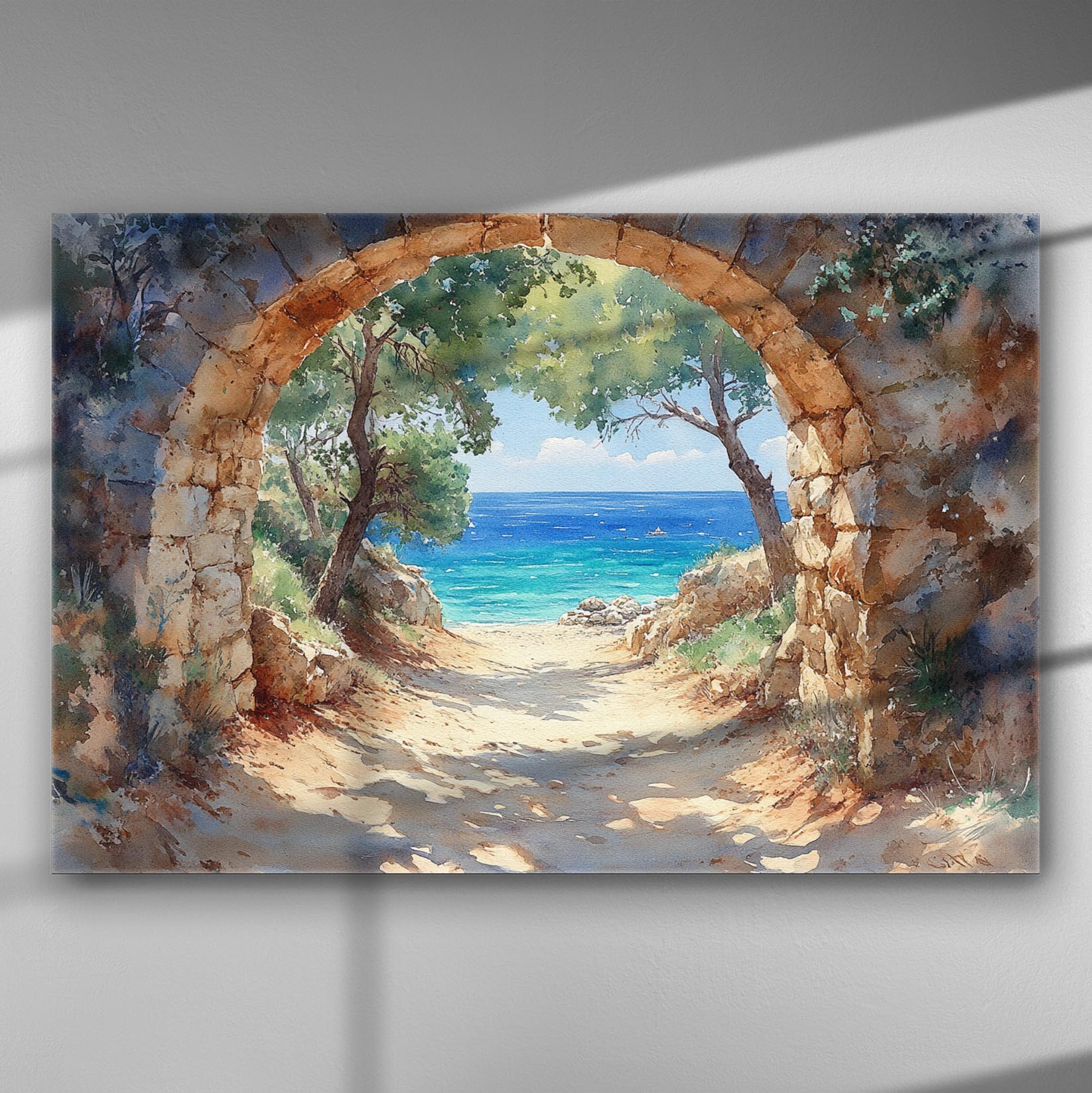 Archway opening to a scenic view of the sea and trees.
