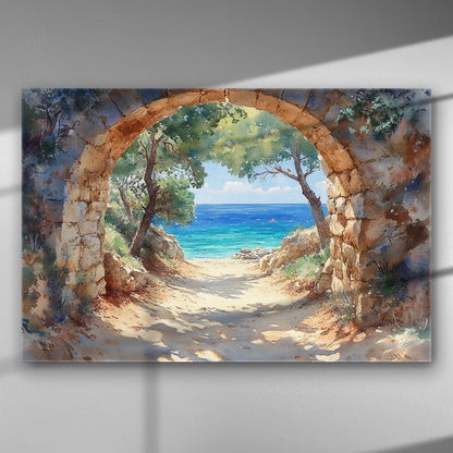 Archway opening to a scenic view of the sea and trees.