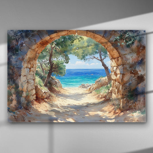 Archway opening to a scenic view of the sea and trees.