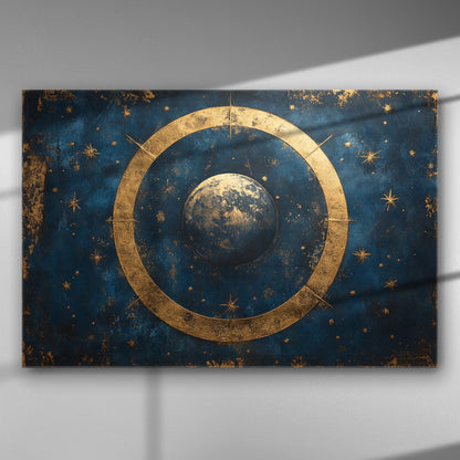 Artwork of a cosmic scene with a central golden circle surrounded by stars on a deep blue background.