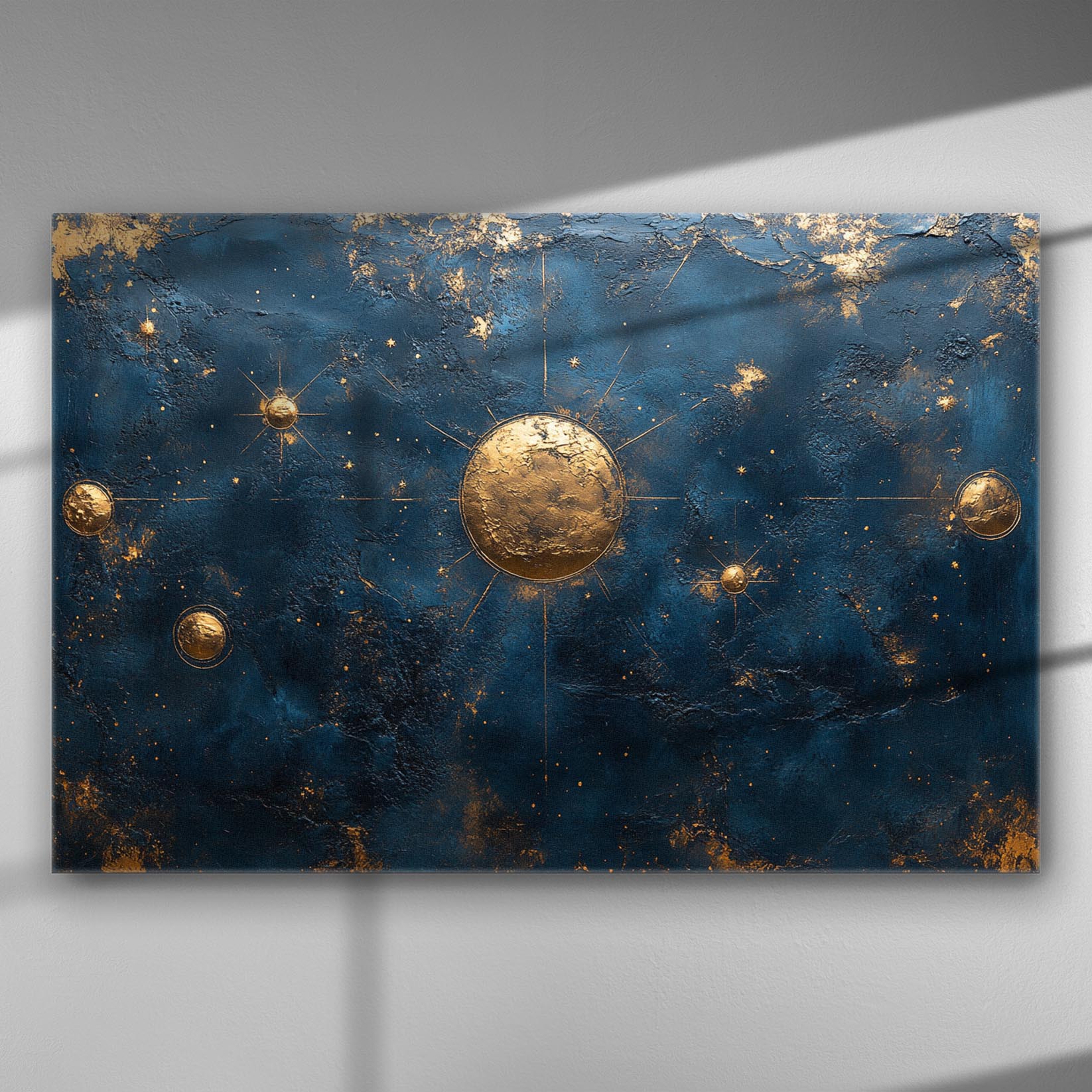 Gold celestial bodies on a dark blue textured cosmic background canvas print.