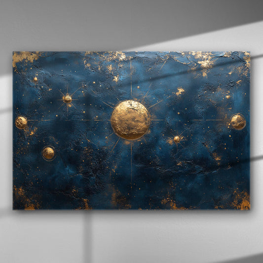 Gold celestial bodies on a dark blue textured cosmic background canvas print.