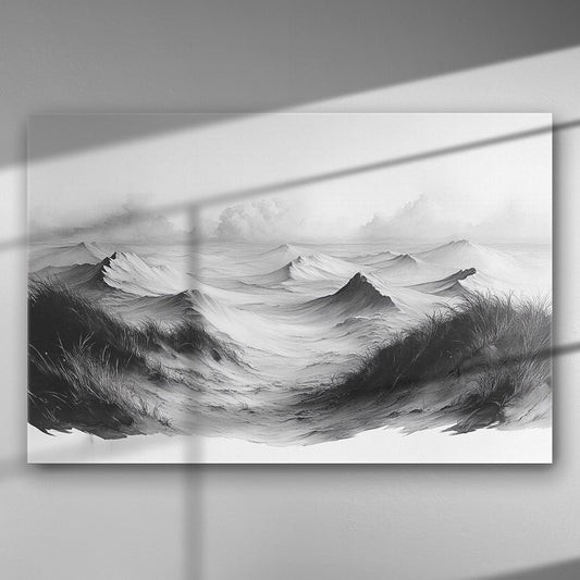 Black and white canvas art depicting ocean waves and dunes under a cloudy sky.