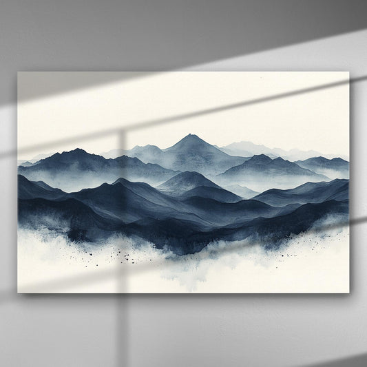 A canvas print of soft mountain ranges in blue tones, creating a tranquil landscape scene.