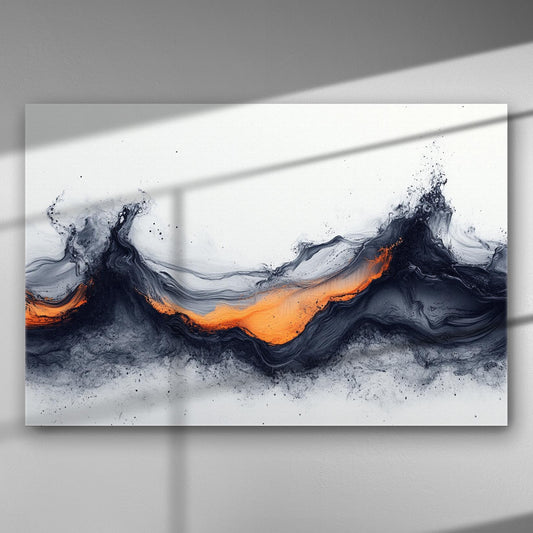 Abstract painting with swirling dark blue waves and bright orange streaks on a light background.
