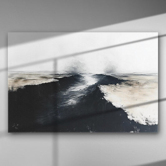 Abstract black and white painting of ocean waves on a canvas, conveying movement and depth.