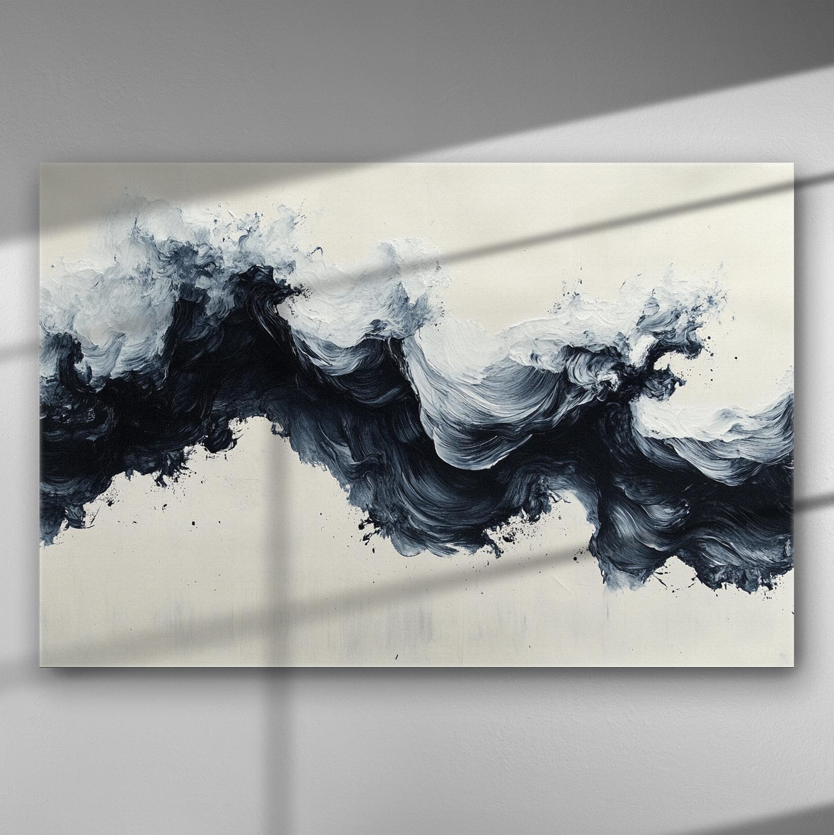 Abstract painting of dynamic black and gray waves on a canvas.