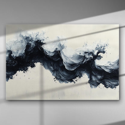 Abstract painting of dynamic black and gray waves on a canvas.