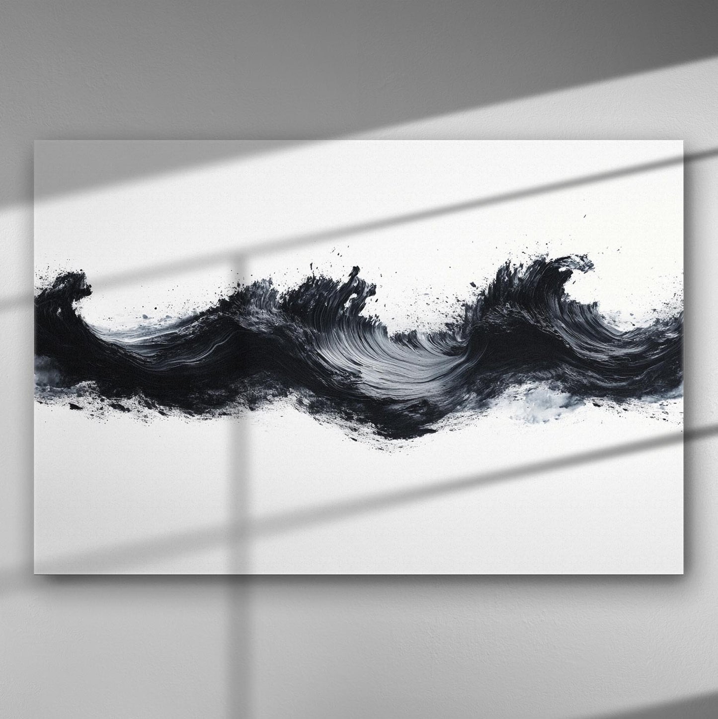 Abstract black waves on a white canvas background, creating a dramatic and modern art piece.