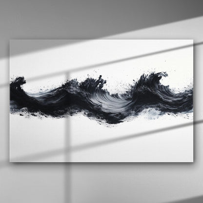 Abstract black waves on a white canvas background, creating a dramatic and modern art piece.