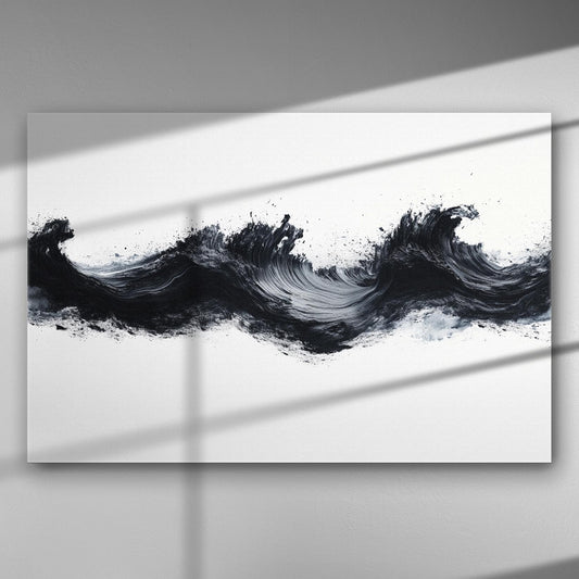 Abstract black waves on a white canvas background, creating a dramatic and modern art piece.