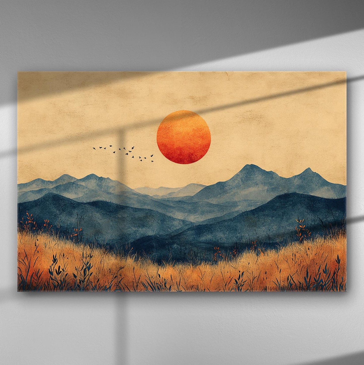Canvas print featuring a serene mountain landscape with a red setting sun.