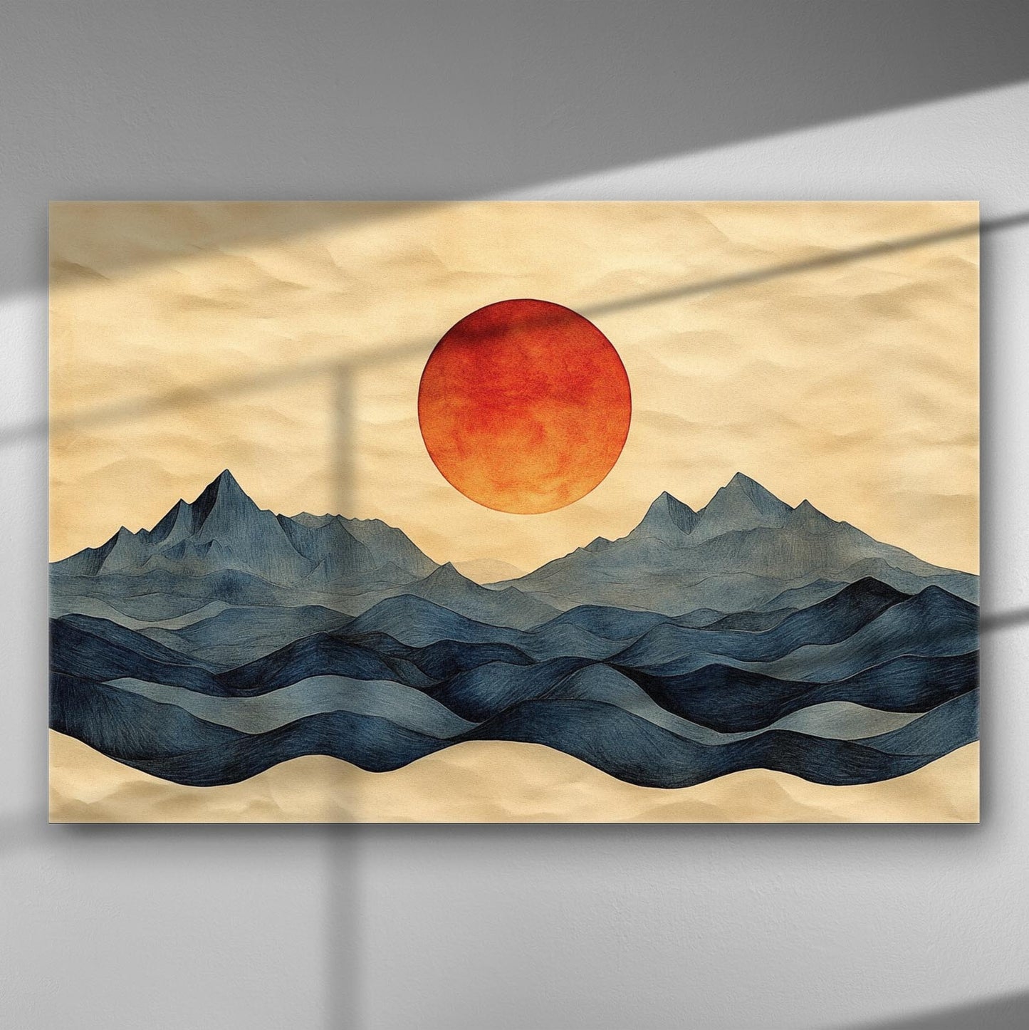 Artistic illustration of a large orange sun set above blue mountains on a canvas print.
