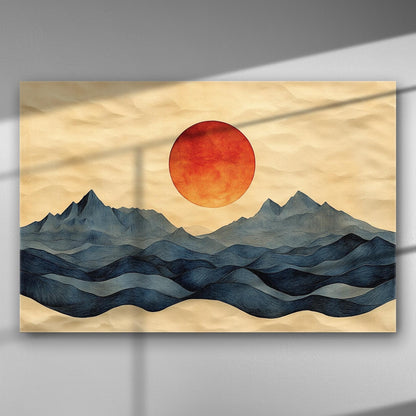 Artistic illustration of a large orange sun set above blue mountains on a canvas print.