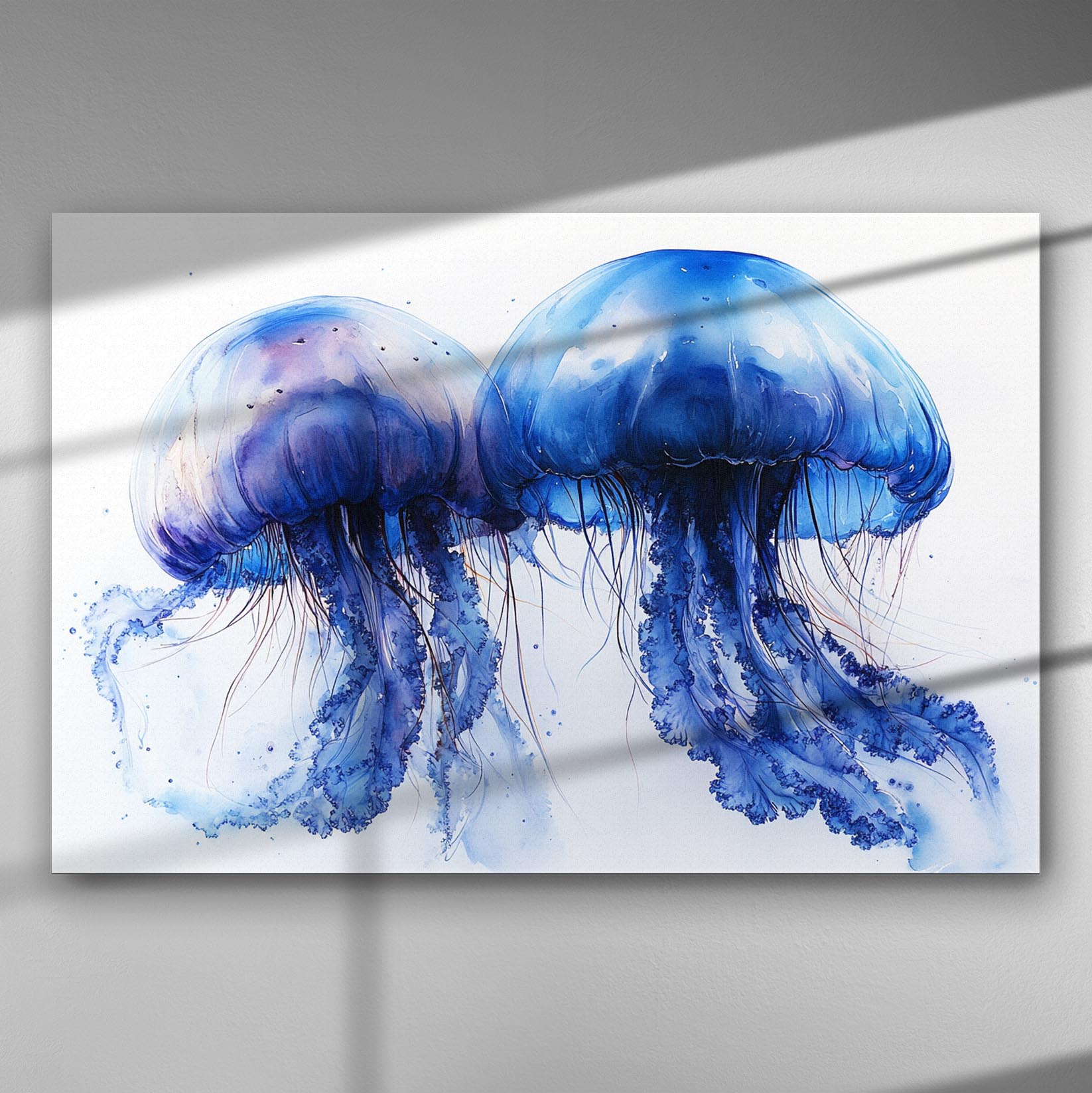 Canvas print of two blue jellyfish on a white background, aquatic theme.