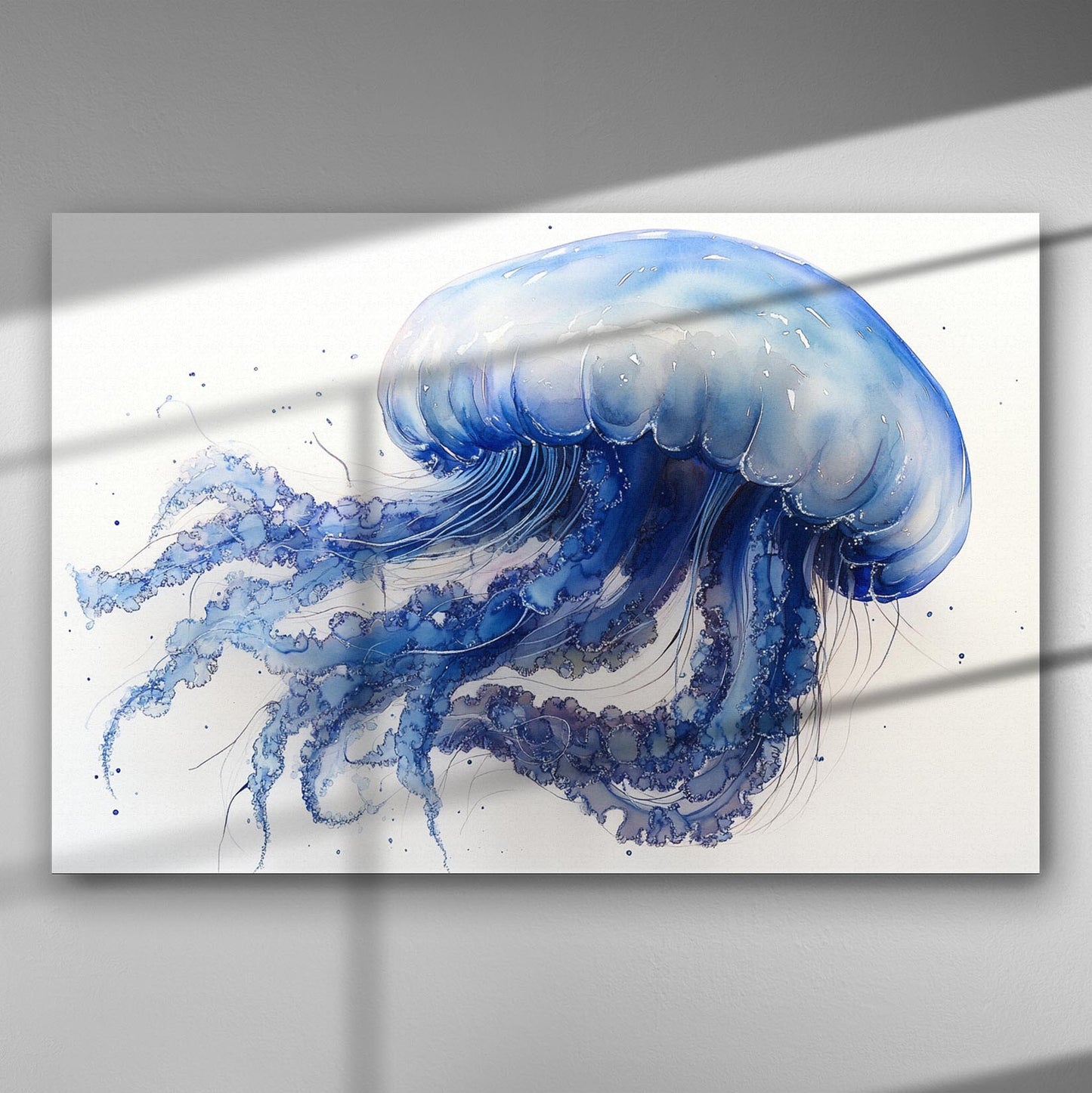 A watercolor painting of a blue and purple jellyfish on canvas, capturing oceanic tranquility.