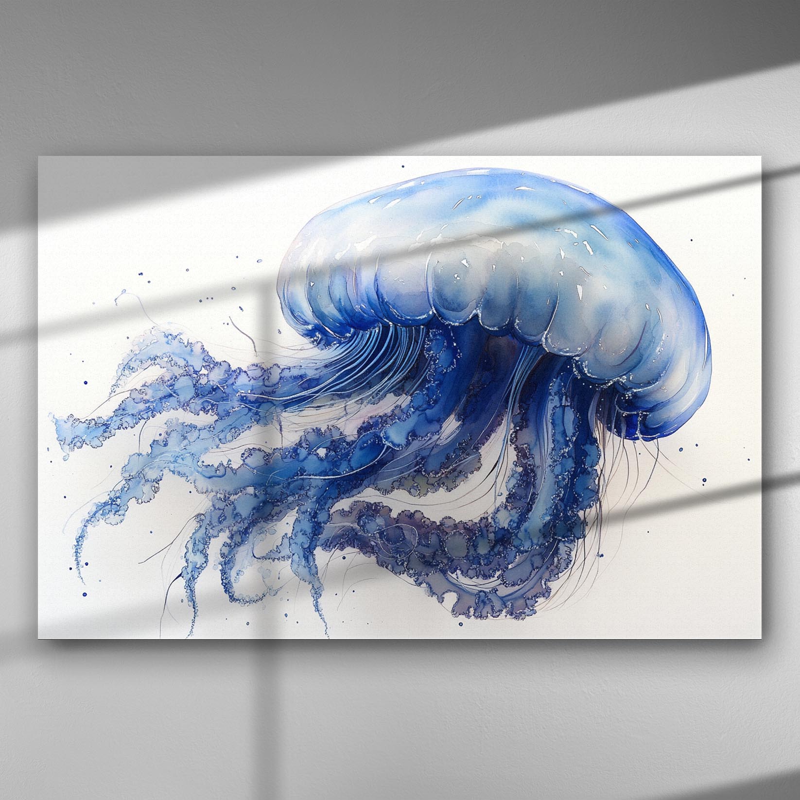 A watercolor painting of a blue and purple jellyfish on canvas, capturing oceanic tranquility.