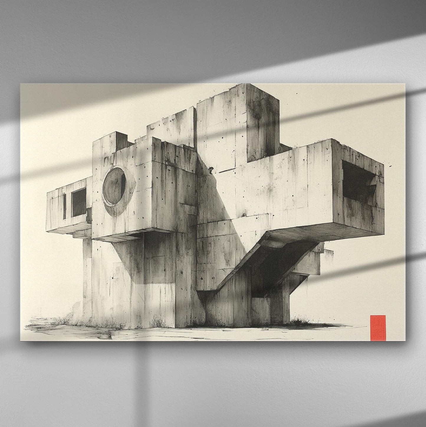 Artistic canvas featuring a minimalist industrial concrete structure with geometric shapes and natural shadows.