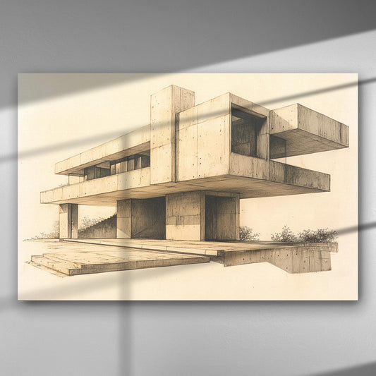 A modern architectural structure with geometric lines depicted on a canvas.