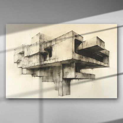 Abstract architectural black and white artwork with geometric forms on canvas.