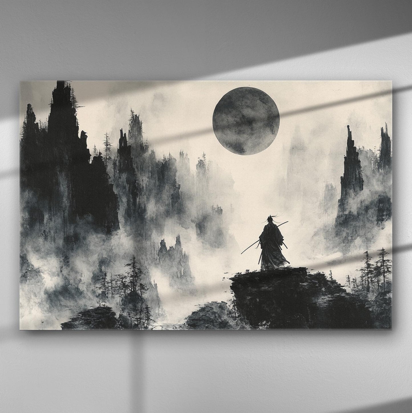 Samurai silhouette standing on a cliff with a large moon in the background, surrounded by misty mountains.