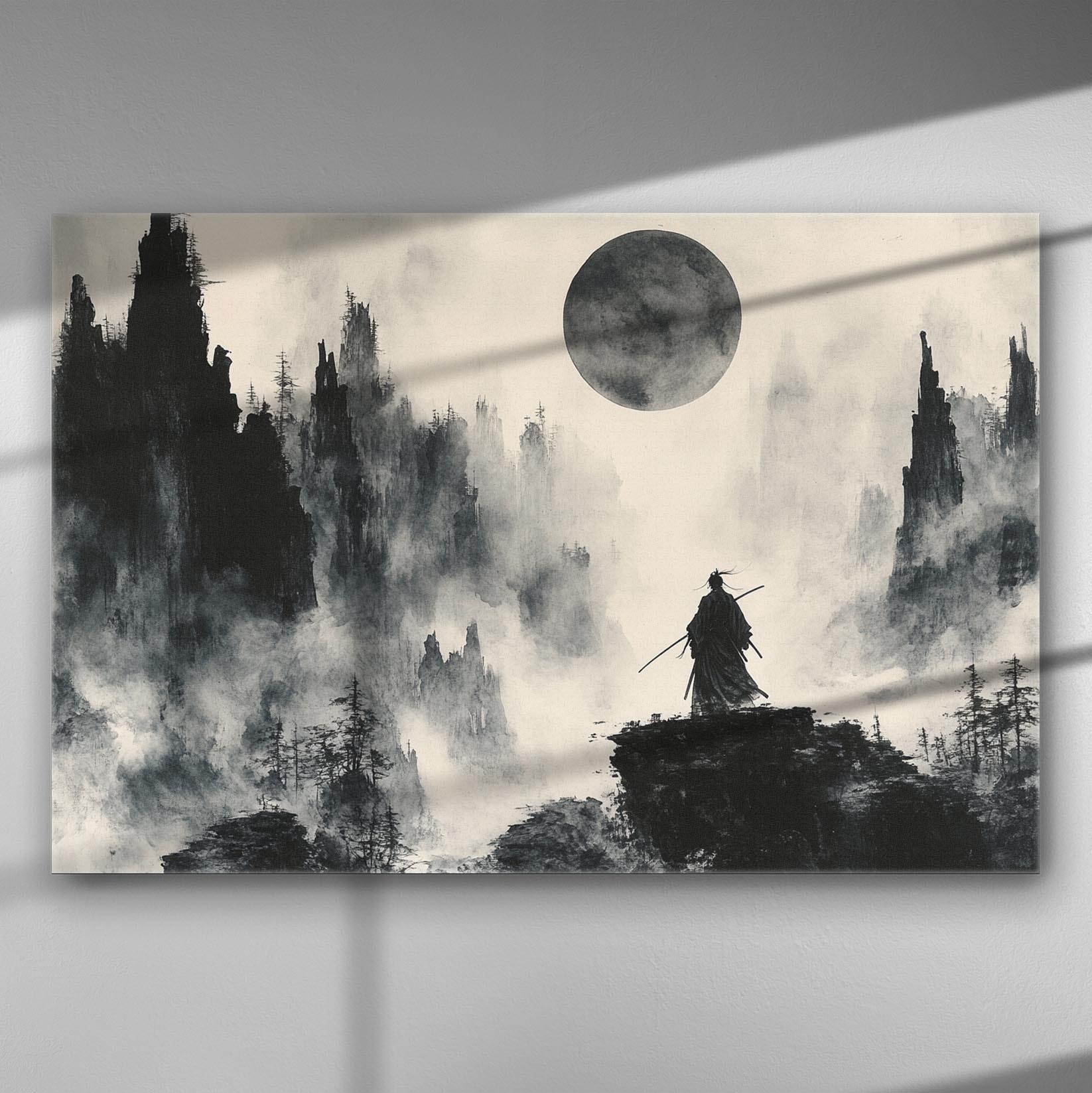 Samurai silhouette standing on a cliff with a large moon in the background, surrounded by misty mountains.