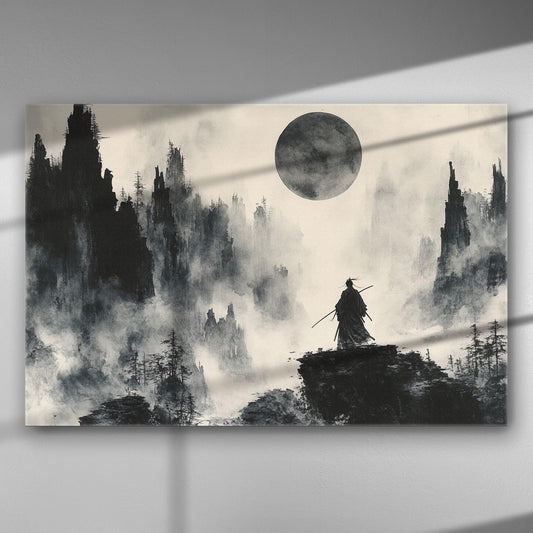 Samurai silhouette standing on a cliff with a large moon in the background, surrounded by misty mountains.