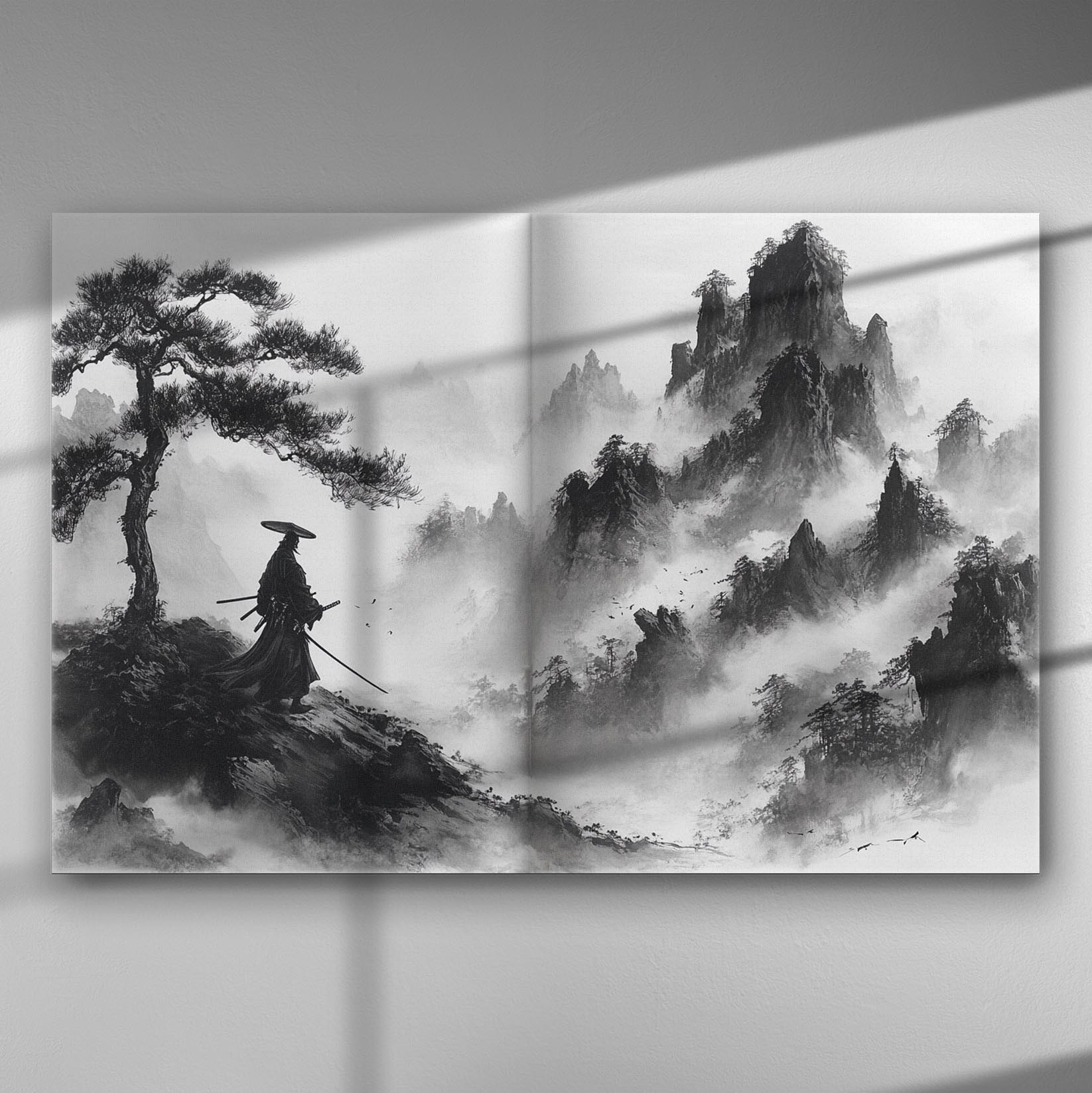 Samurai gazing at misty mountains in black and white canvas art.