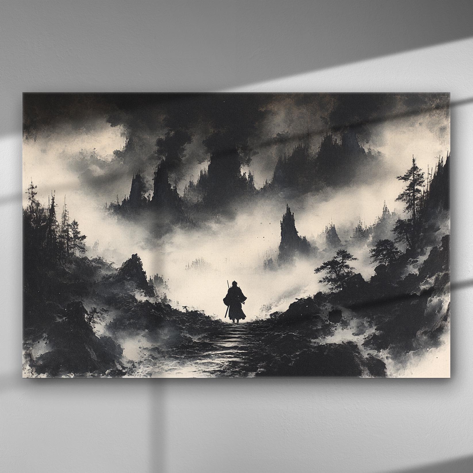 Silhouette of a lone figure walking through a misty landscape with tall mountains and trees, in black and white.