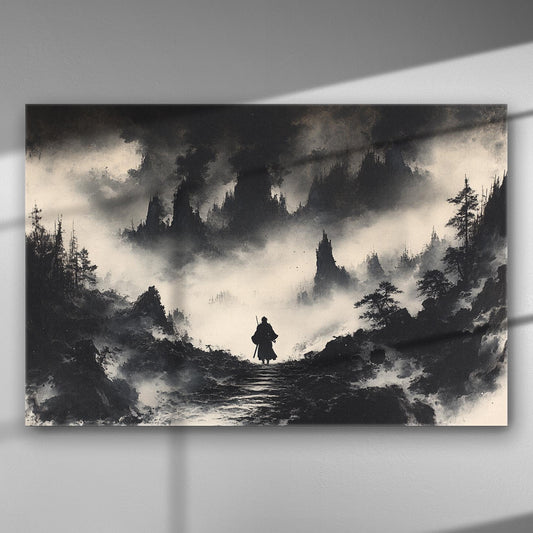 Silhouette of a lone figure walking through a misty landscape with tall mountains and trees, in black and white.