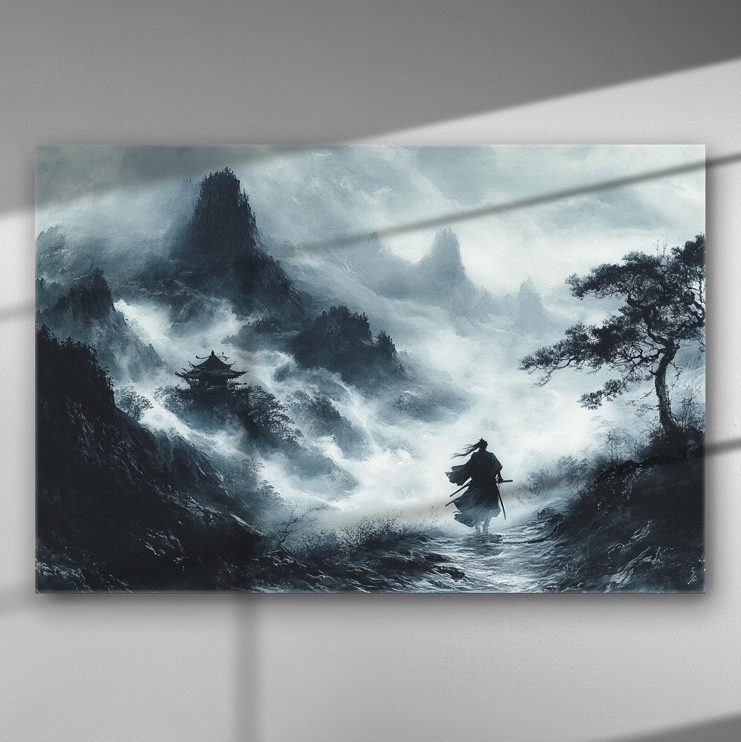 A mystical mountain landscape with mist and a silhouette of a warrior in black and white tones.