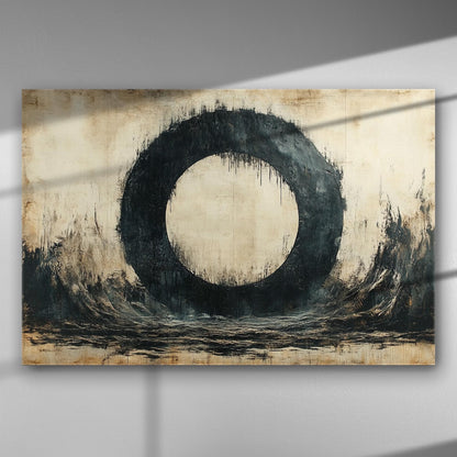 Abstract depiction of a black circle on a beige background, symbolizing renewal.