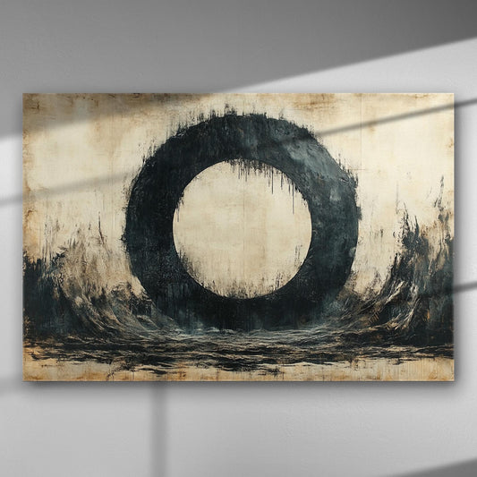 Abstract depiction of a black circle on a beige background, symbolizing renewal.