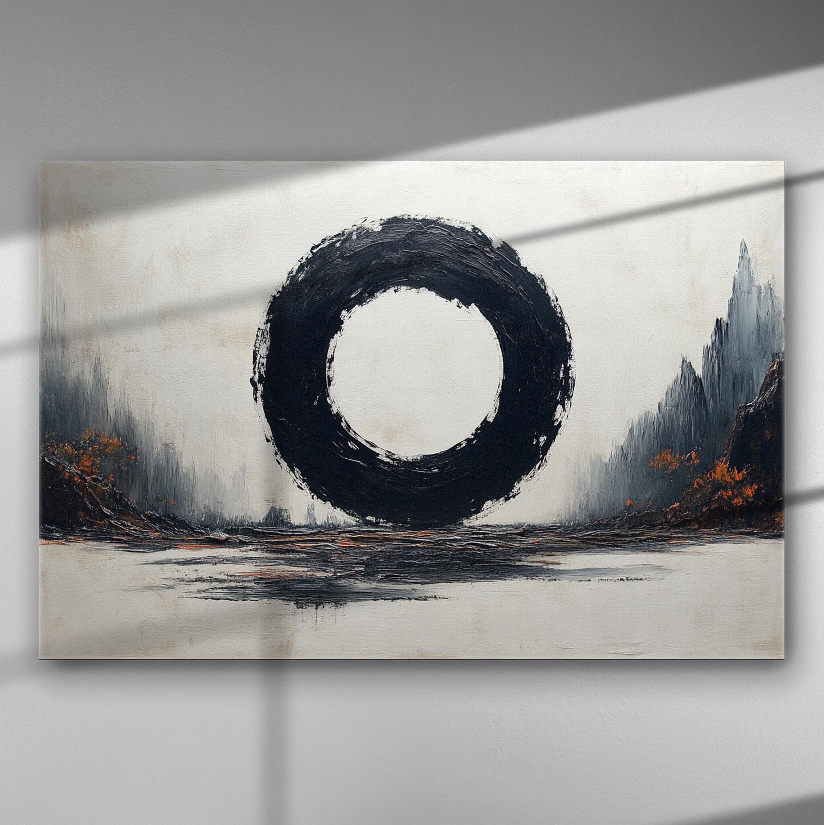 Abstract painting with a large black circle on a neutral background, featuring minimalist elements.