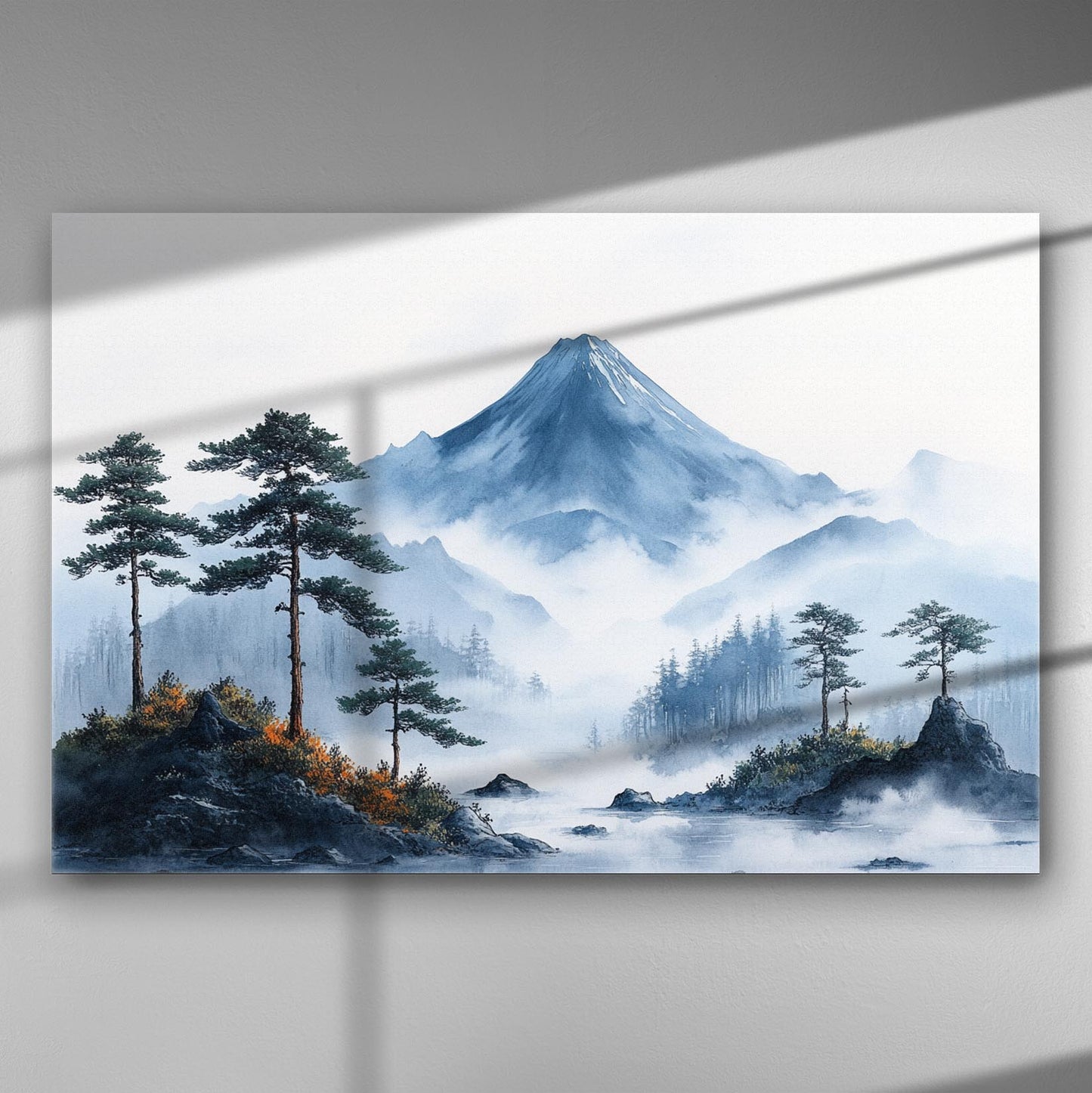 Mountain landscape with mist and trees on canvas print in blue and green tones