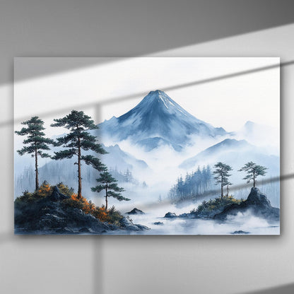 Mountain landscape with mist and trees on canvas print in blue and green tones