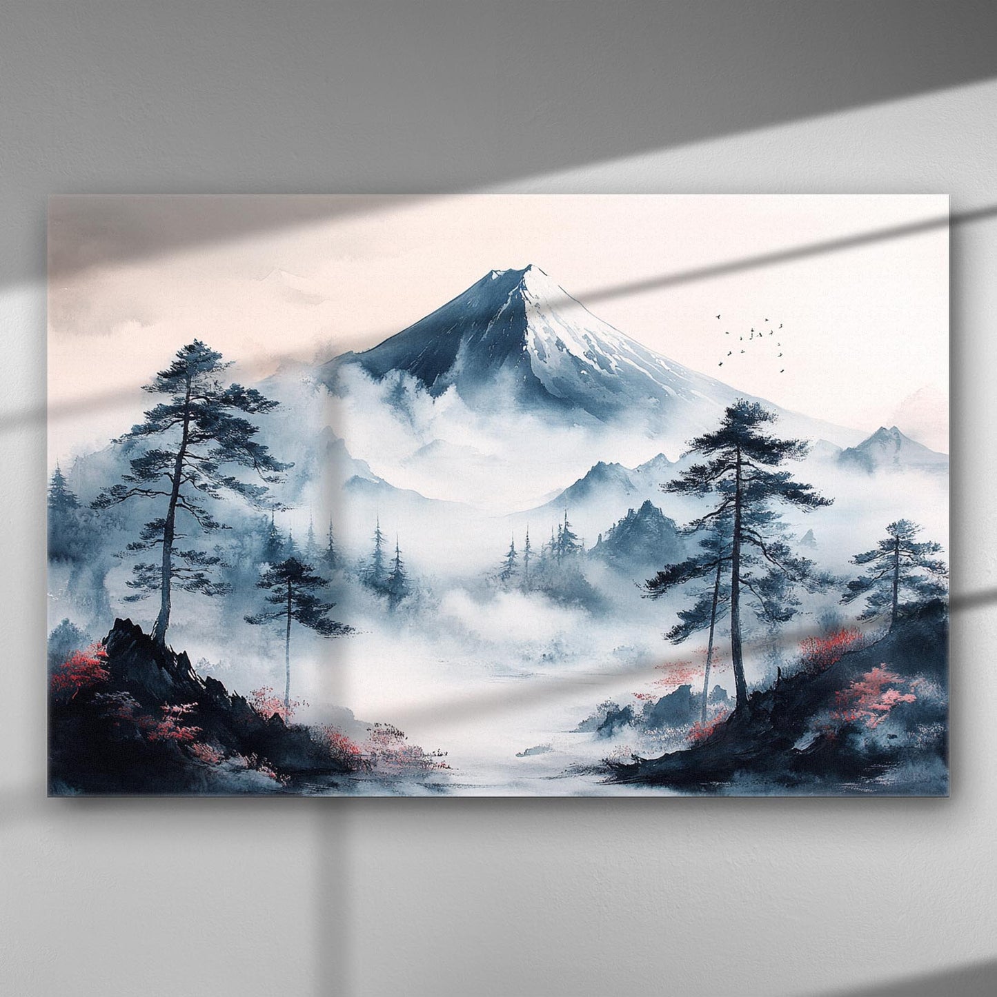 Abstract landscape with a foggy mountain and trees in blue and gray tones on a canvas.