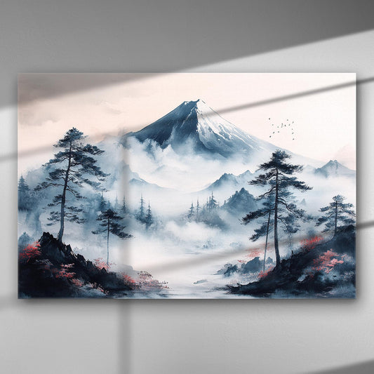 Abstract landscape with a foggy mountain and trees in blue and gray tones on a canvas.
