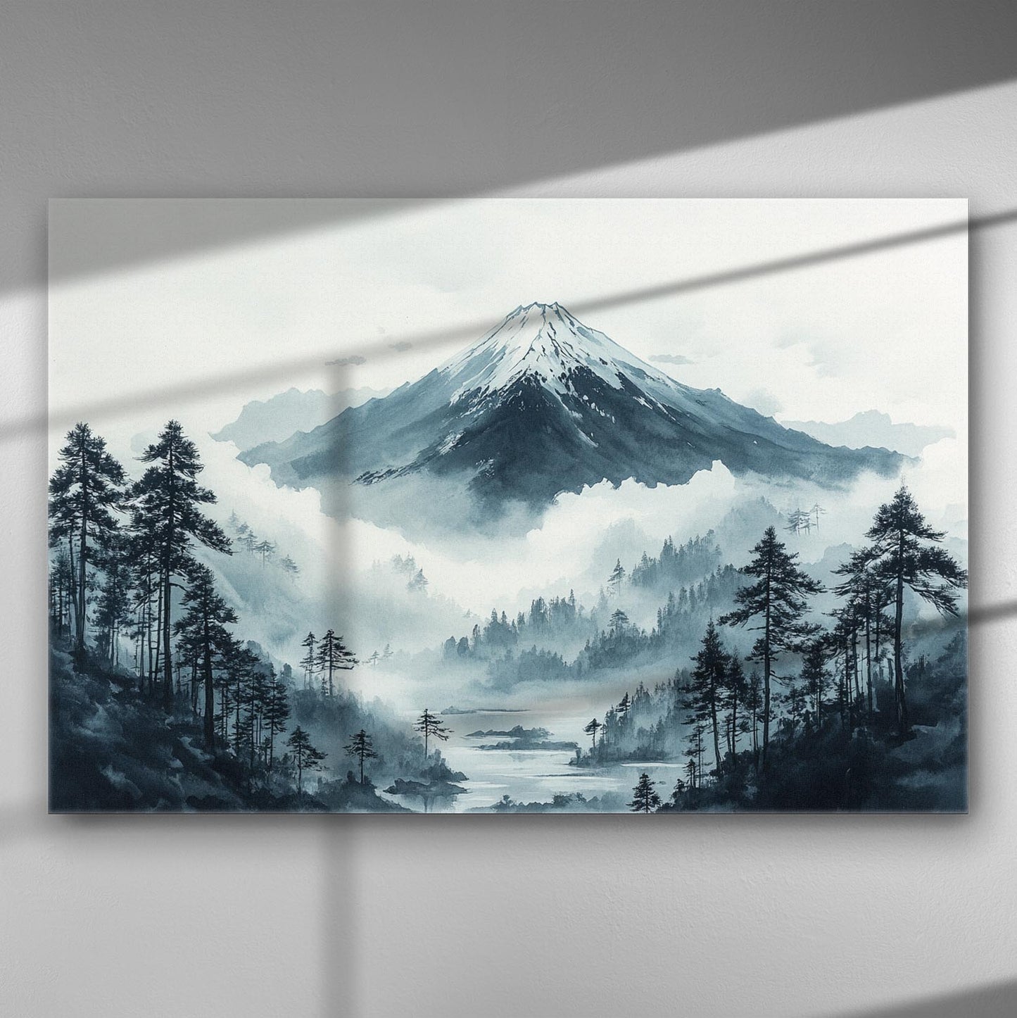 Mountain landscape with mist and trees in a monochrome color palette on a canvas.