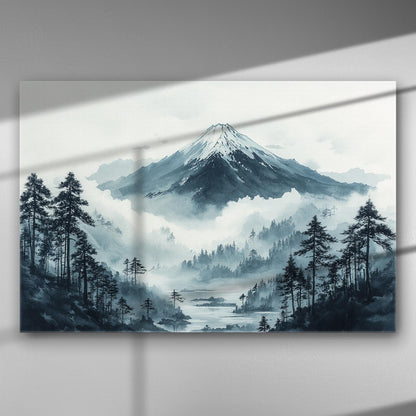 Mountain landscape with mist and trees in a monochrome color palette on a canvas.