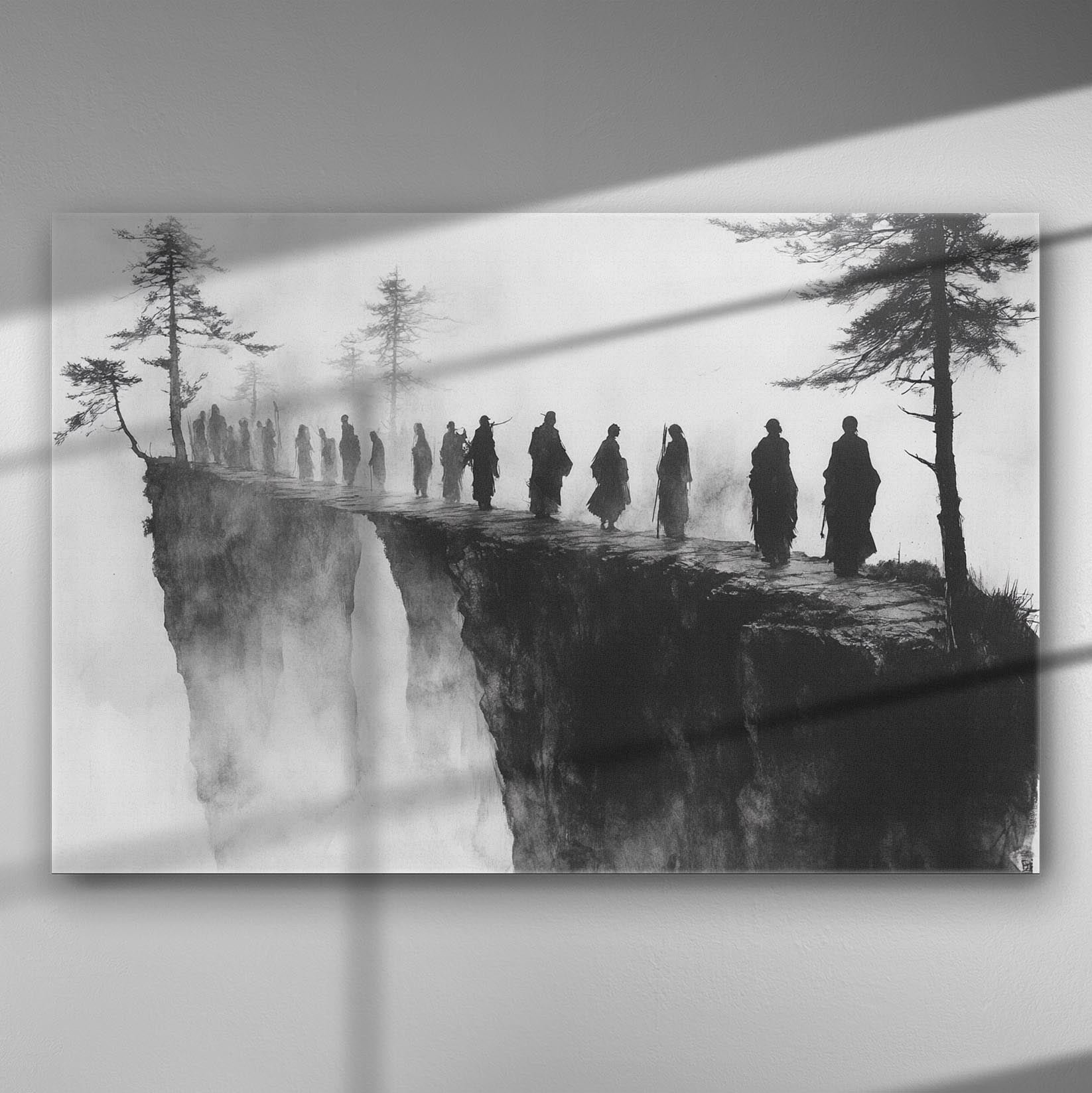 Mystical image of figures walking along a foggy cliff with trees.