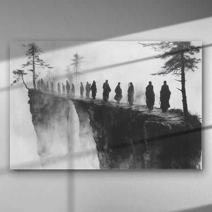 Mystical image of figures walking along a foggy cliff with trees.