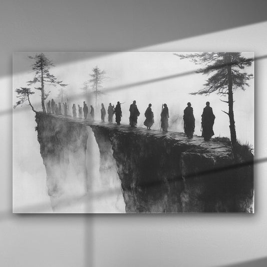 Mystical image of figures walking along a foggy cliff with trees.