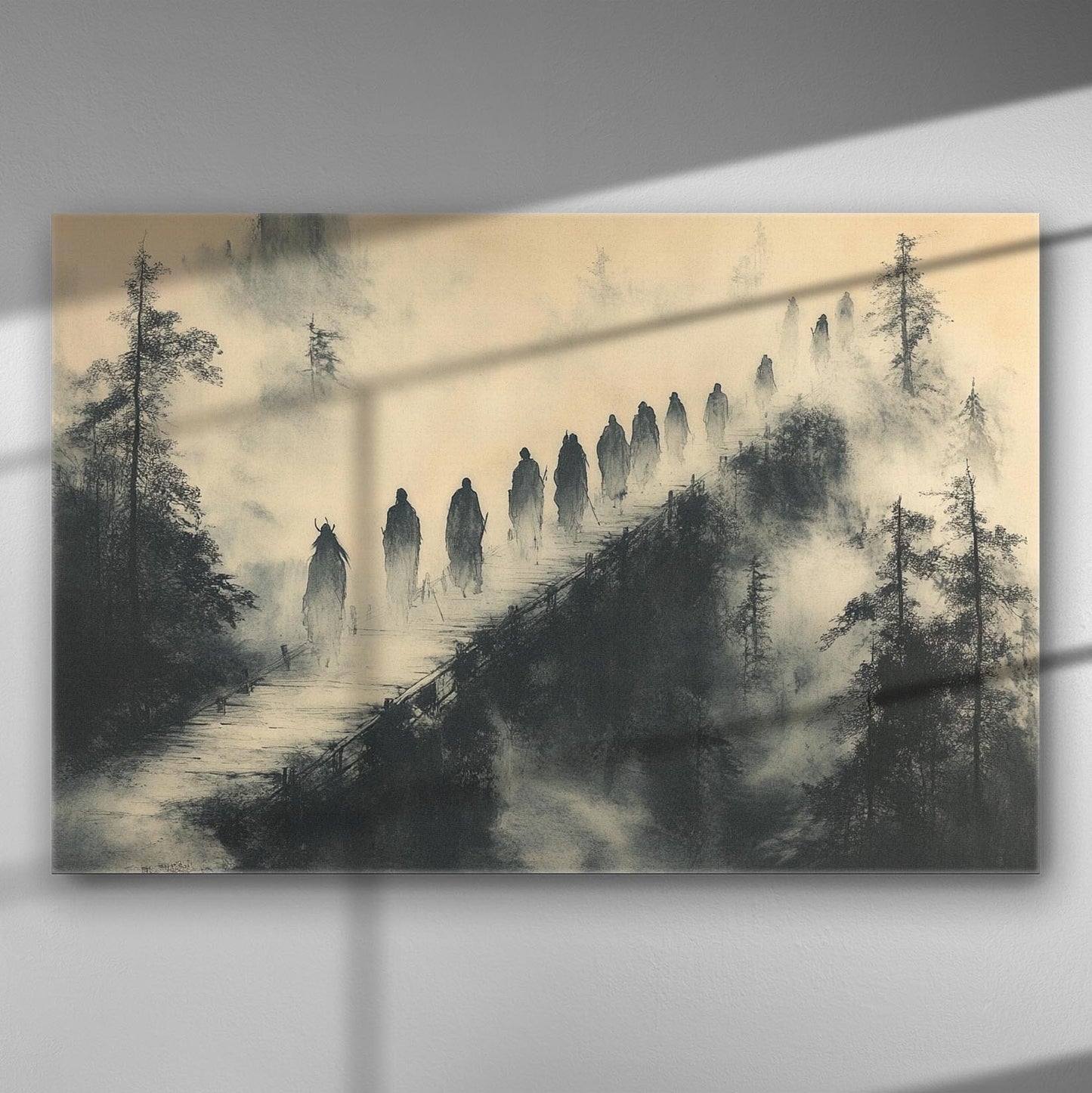 Silhouettes walking across a bridge in dense mist with surrounding trees, creating an atmospheric scene.