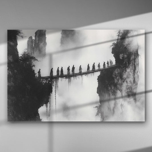 Monochrome scene of figures walking over a narrow bridge between misty mountains.