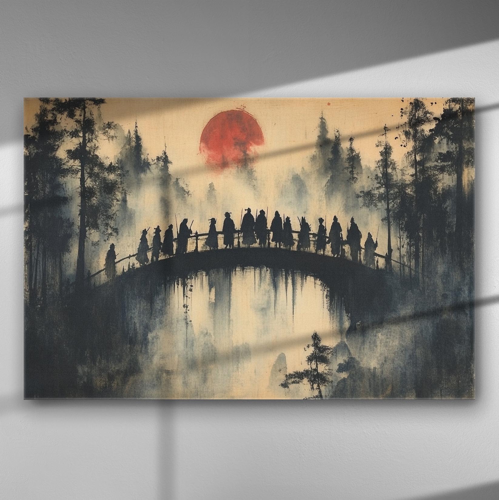 Canvas print of a silhouette of people on a bridge in a misty forest during a reddish sunset.