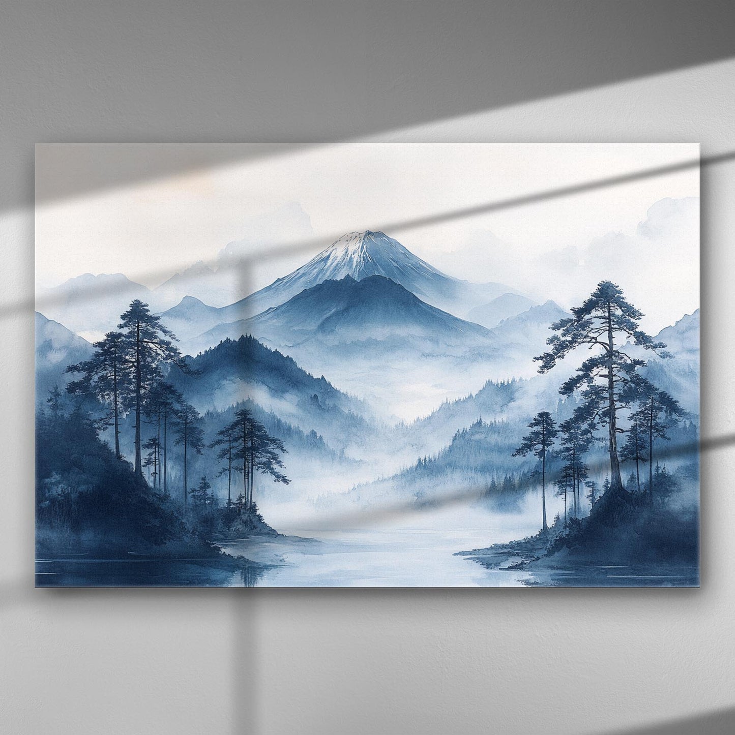 Mountain landscape painting with misty blue tones and a snow-capped peak.