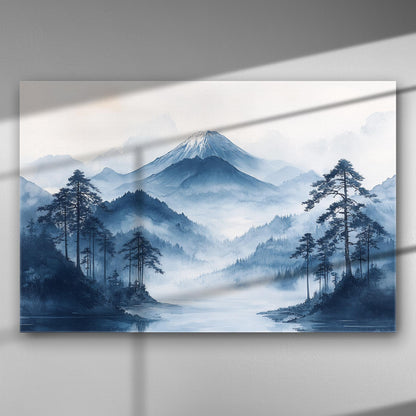 Mountain landscape painting with misty blue tones and a snow-capped peak.