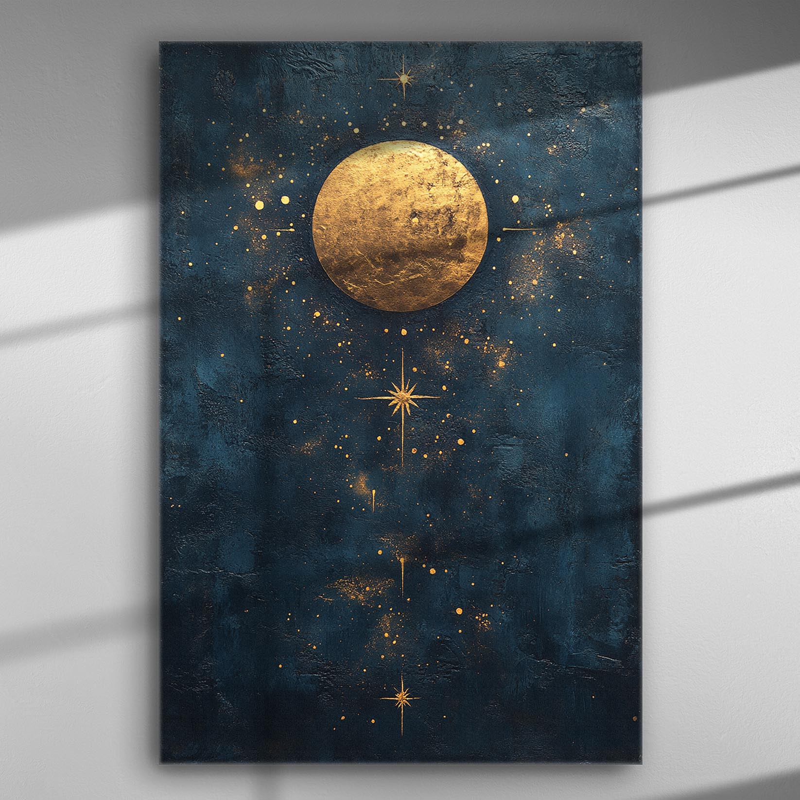 Golden moon and stars on a dark blue background canvas print.